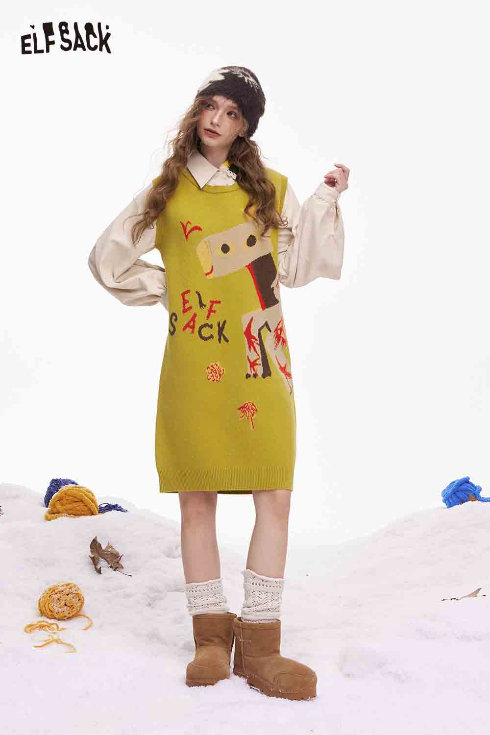 ELFSACK women's fake two piece dress in green with playful design and layered look for a stylish outfit