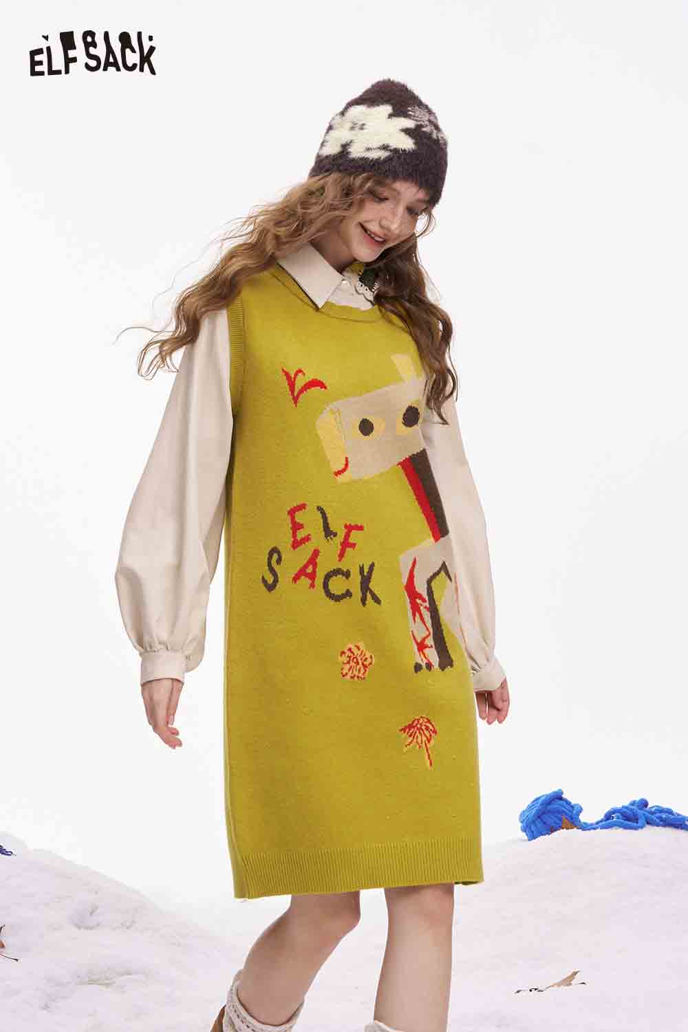 ELFSACK women's fake two piece dress in vibrant yellow with artistic designs and a stylish collar