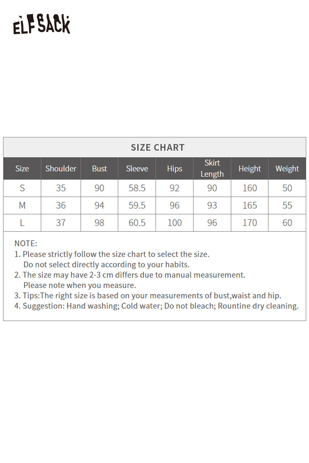 Size chart for ELFSACK women's fake two piece dress with detailed measurements for optimal fit