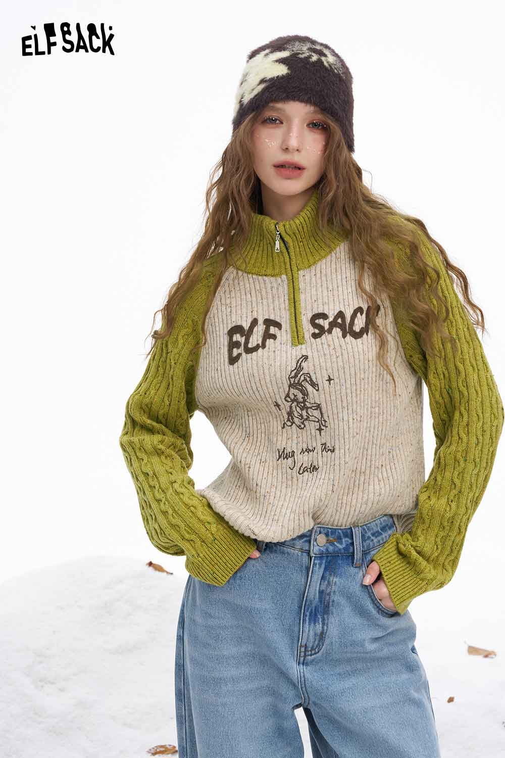 ELFSACK women's graphic color block knitwear featuring a zipper and vibrant sleeves for stylish warmth