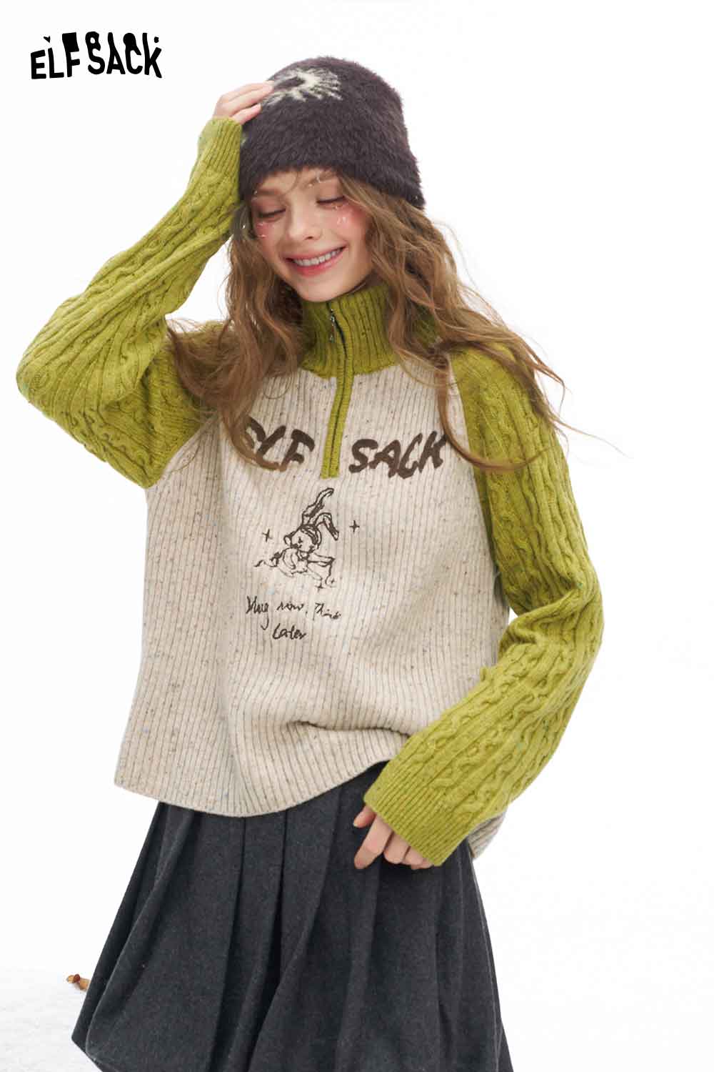 ELFSACK women's graphic color block knitwear in green and beige with a cozy design