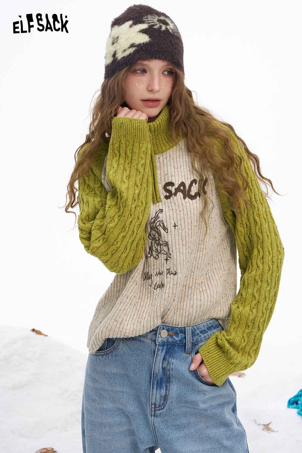 ELFSACK women's graphic color block knitwear featuring a unique design and cozy fit