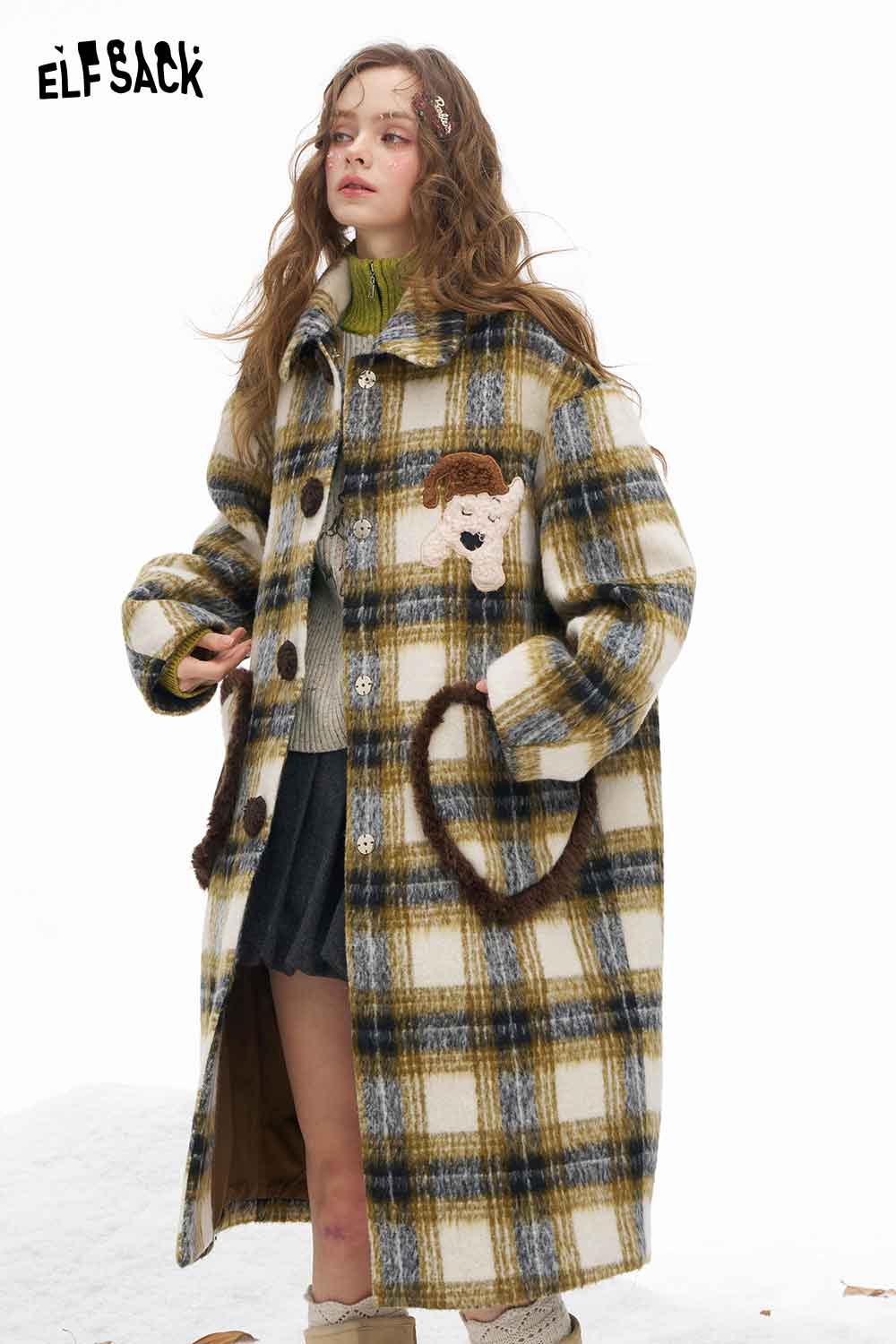 ELFSACK women's graphic color block knitwear coat featuring a plaid design and playful patches