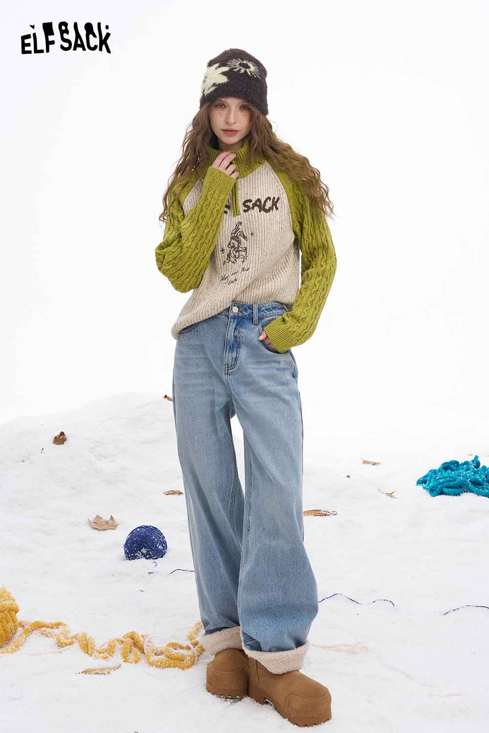 ELFSACK women's graphic color block knitwear featuring a stylish design with cozy textures