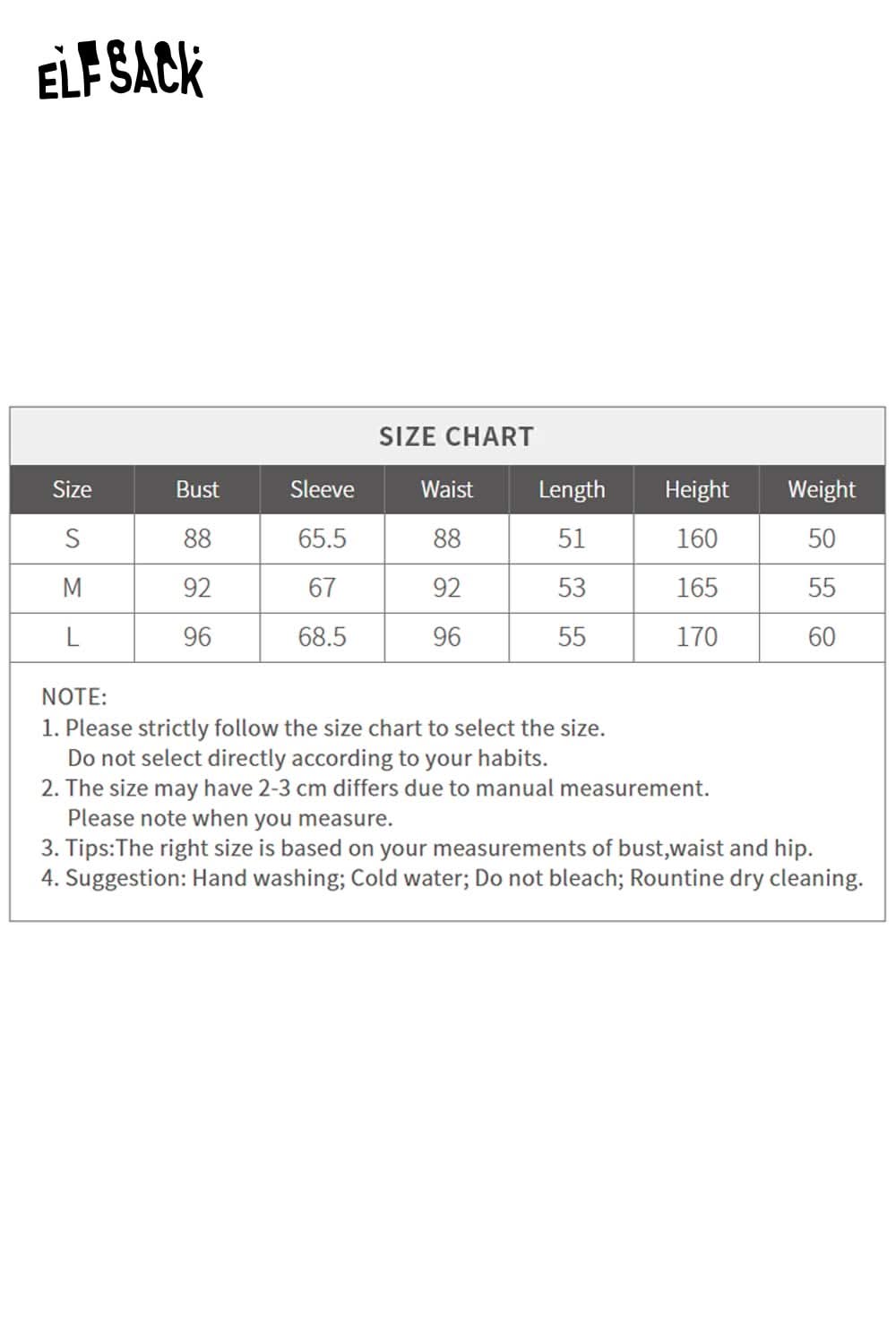 Size chart for ELFSACK women's graphic color block knitwear detailing bust, sleeve, waist, and length measurements
