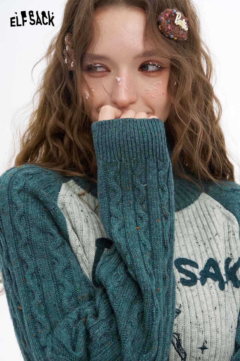 ELFSACK women's graphic color block knitwear featuring a cozy cable-knit design and fitted cuffs