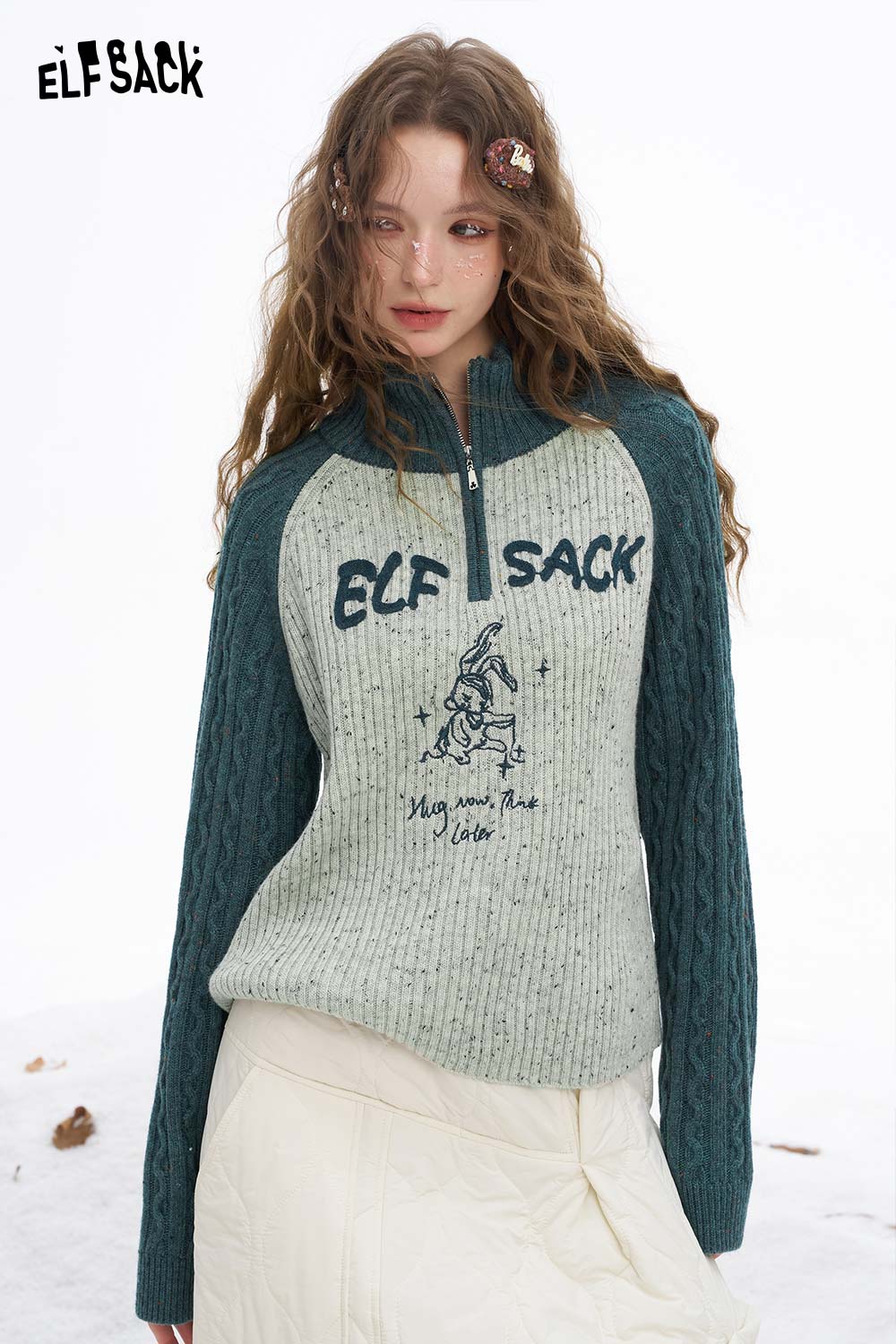 ELFSACK women's graphic color block knitwear with a half-zip design and fun prints for stylish comfort