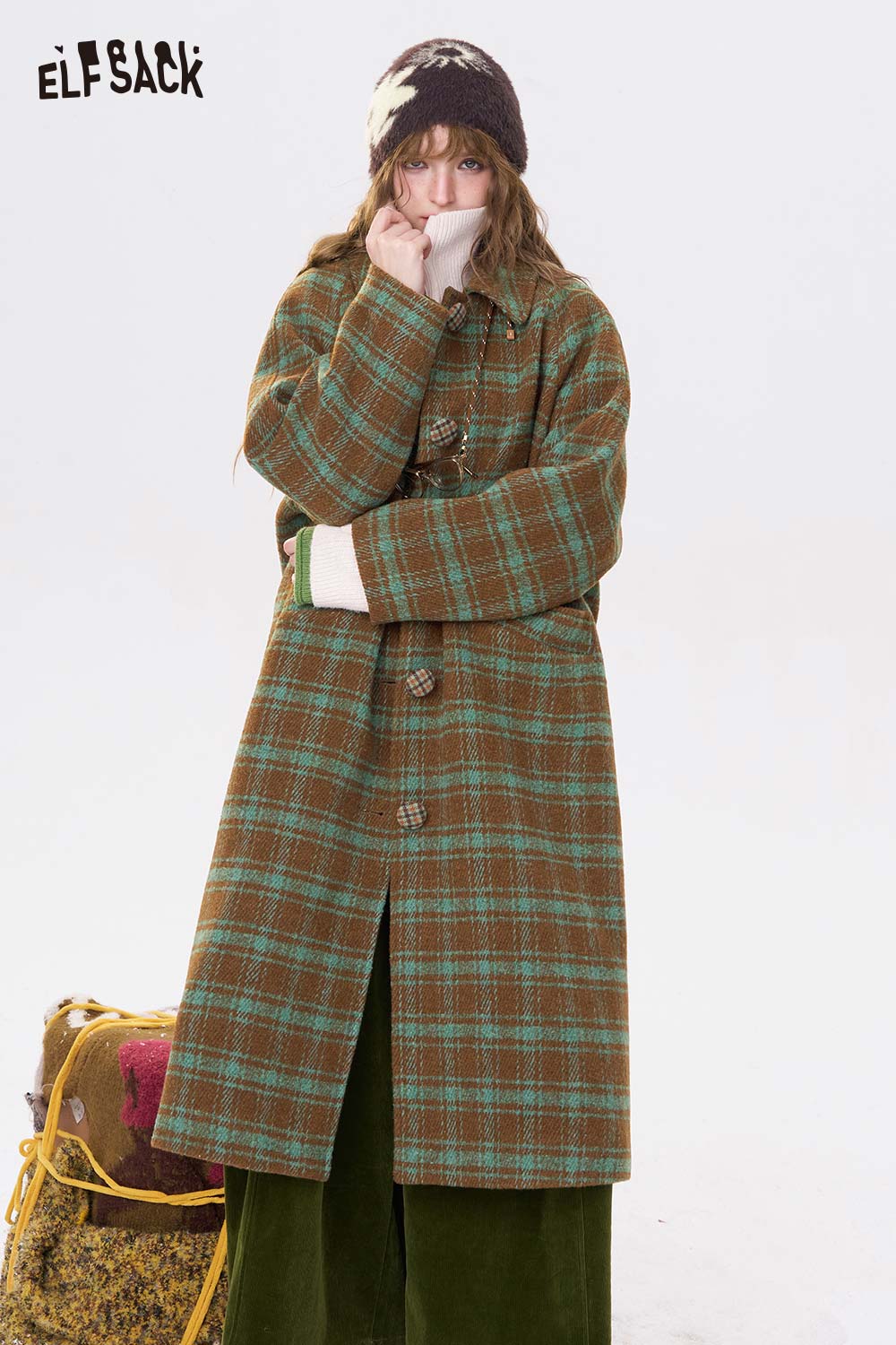 ELFSACK women's stripe lapel long coat in plaid pattern with buttons for stylish winter wear