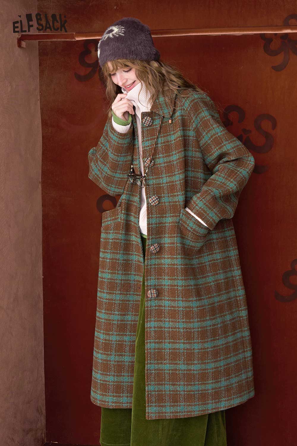 ELFSACK women's stripe lapel long coat in plaid design, perfect for stylish winter layering