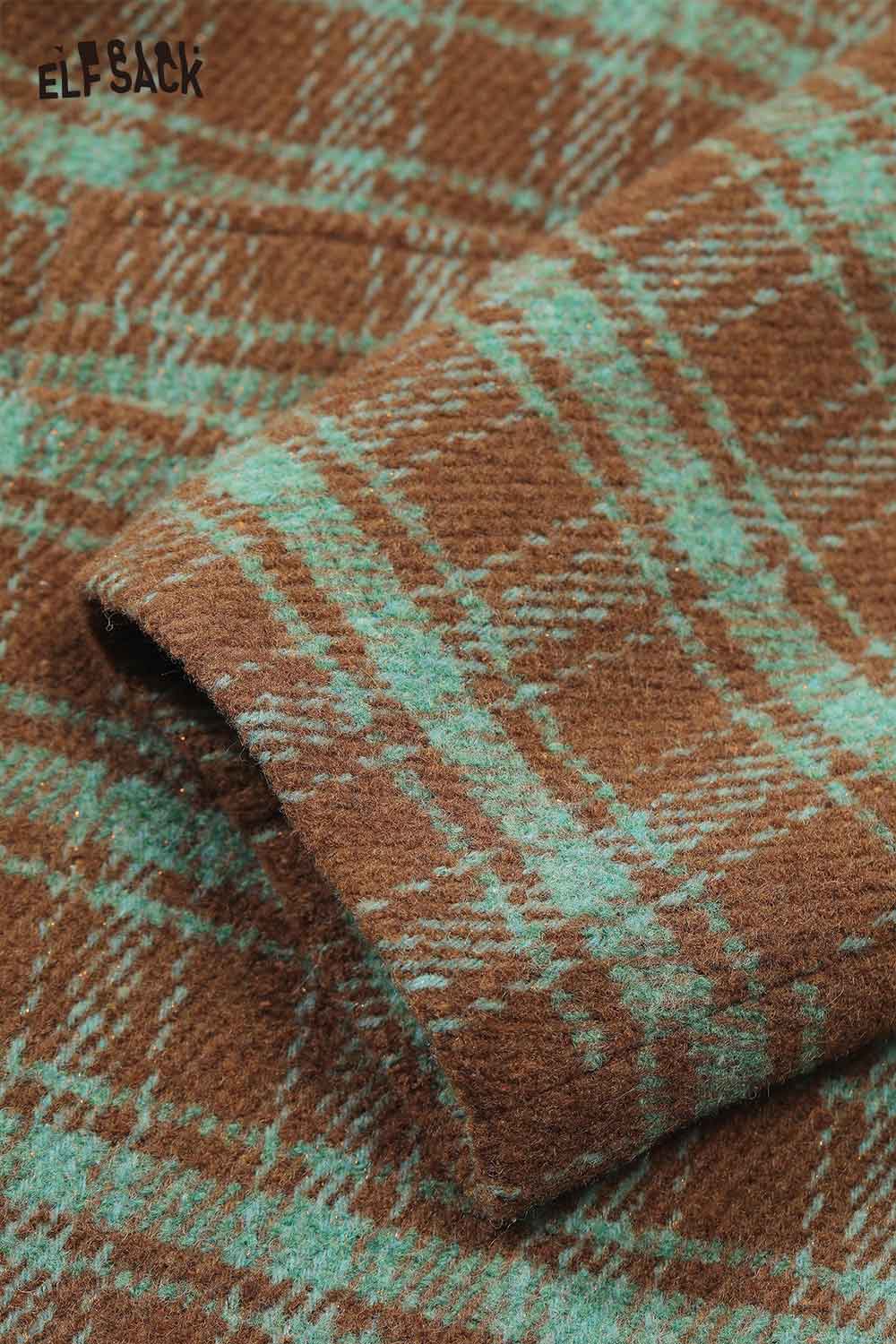 Detail of ELFSACK women's stripe lapel long coat featuring a brown and teal plaid pattern