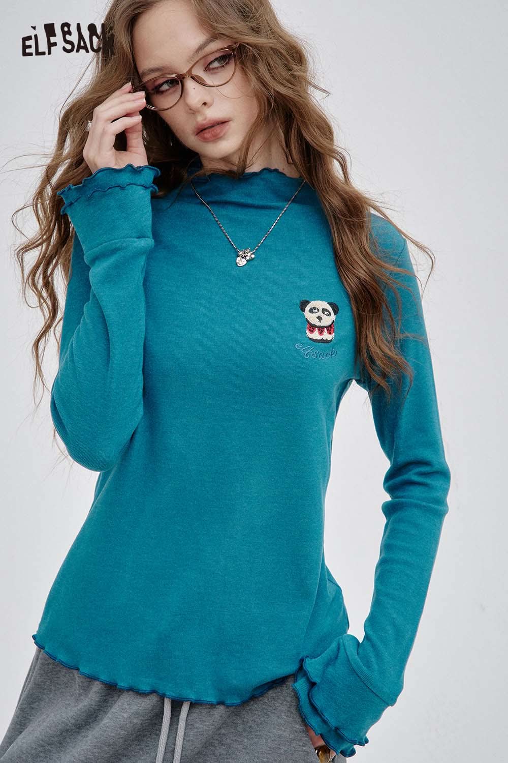 ELFSACK animal embroidered long sleeve tshirt in teal featuring a panda design on the chest