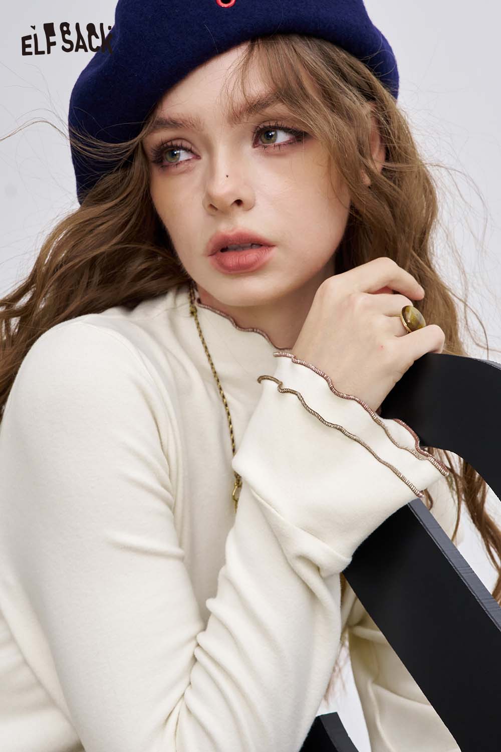 ELFSACK animal embroidered long sleeve tshirt in cream with scalloped cuffs and a stylish design