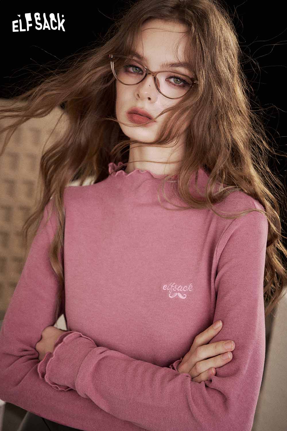 ELFSACK animal embroidered long sleeve tshirt in soft pink with ruffled details for casual style