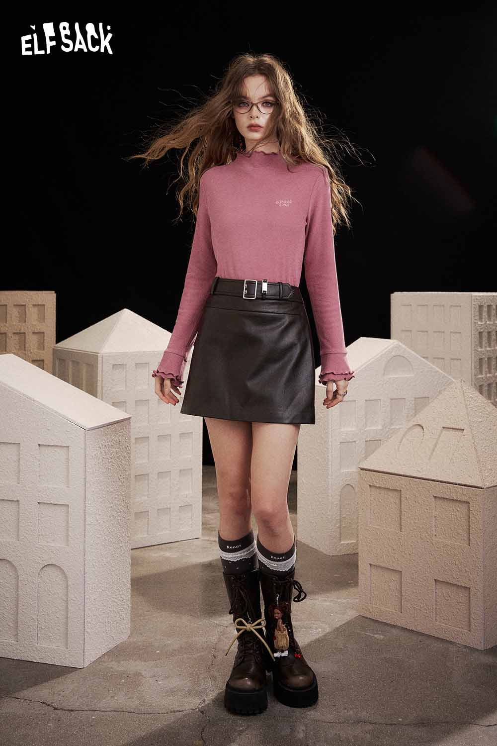 ELFSACK animal embroidered long sleeve tshirt in pink, styled with a chic skirt and boots
