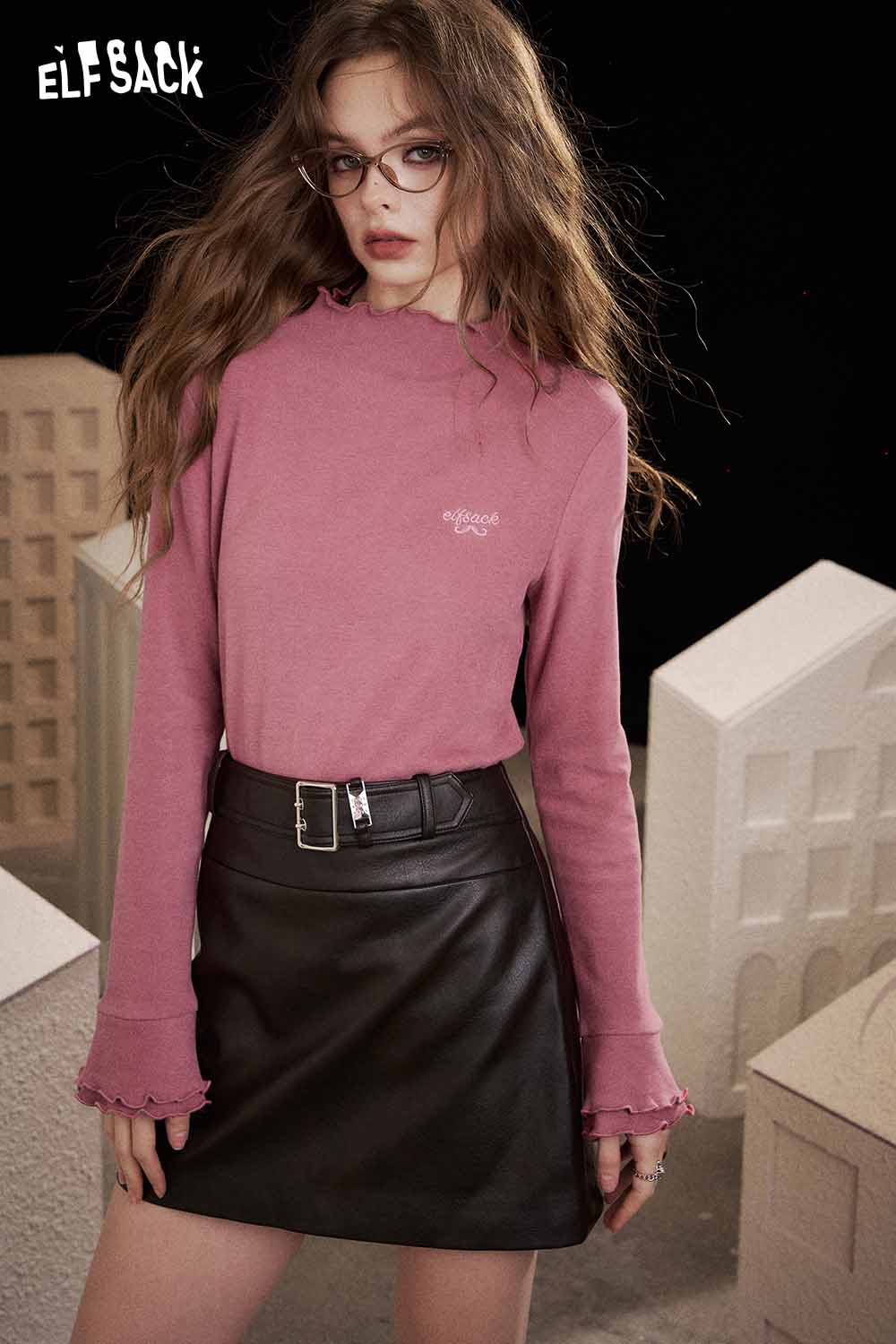 ELFSACK animal embroidered long sleeve tshirt in pink with ruffled sleeves for a stylish casual look
