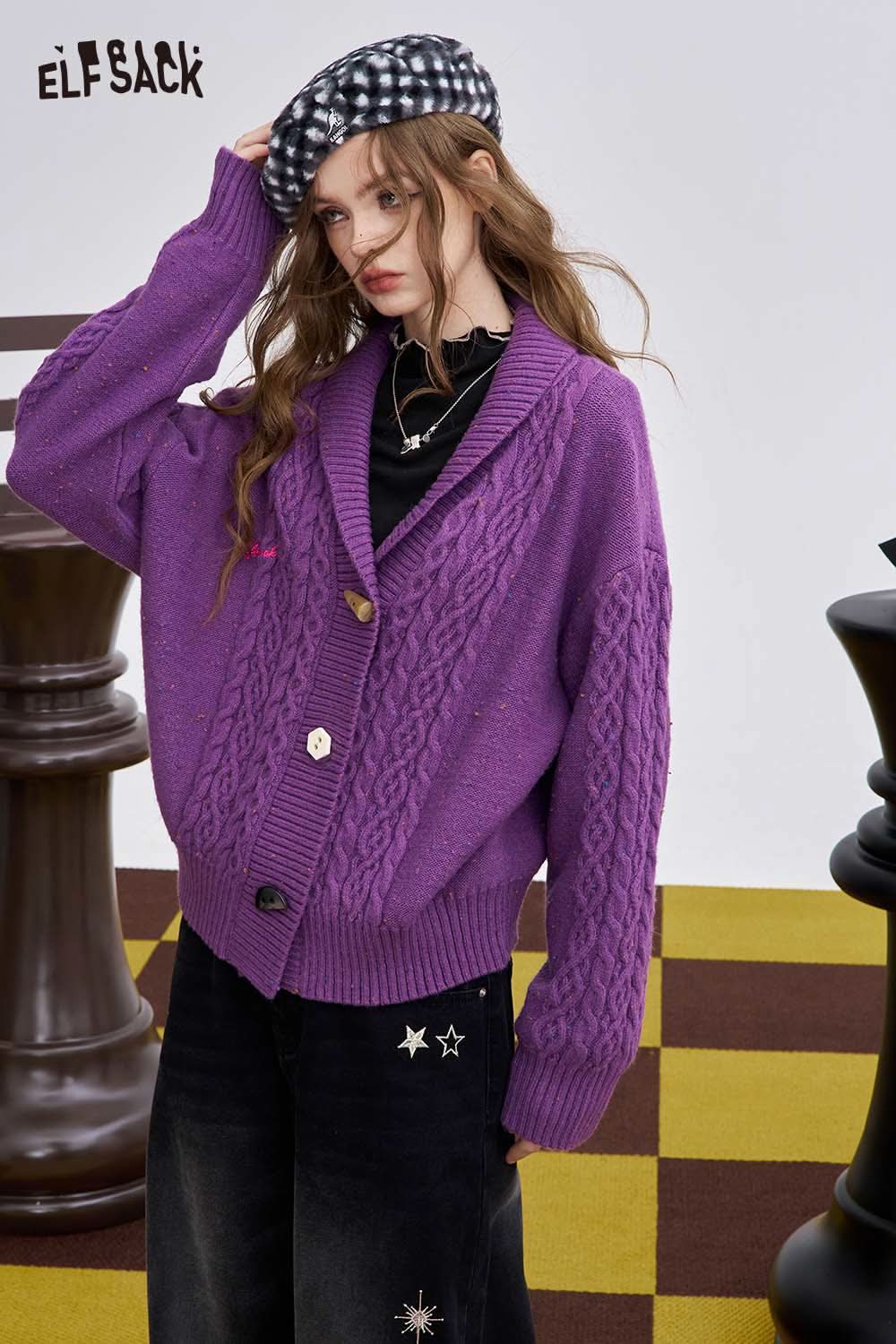 ELFSACK animal embroidered long sleeve tshirt layered under a purple cable-knit cardigan