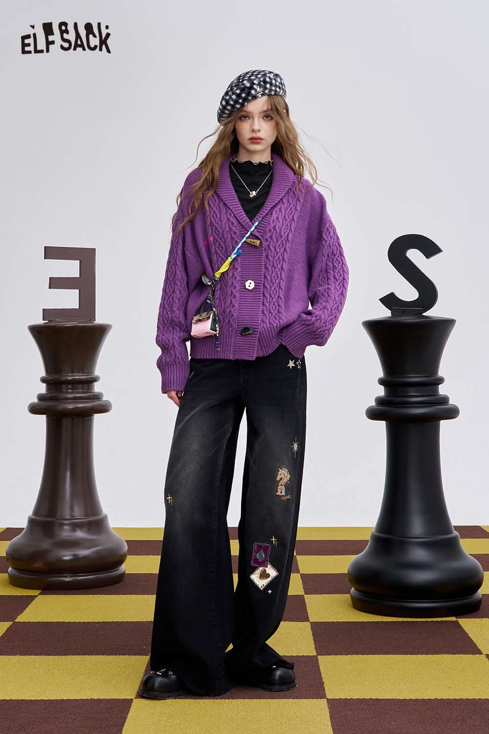 ELFSACK animal embroidered long sleeve tshirt styled with purple cardigan and wide-leg pants