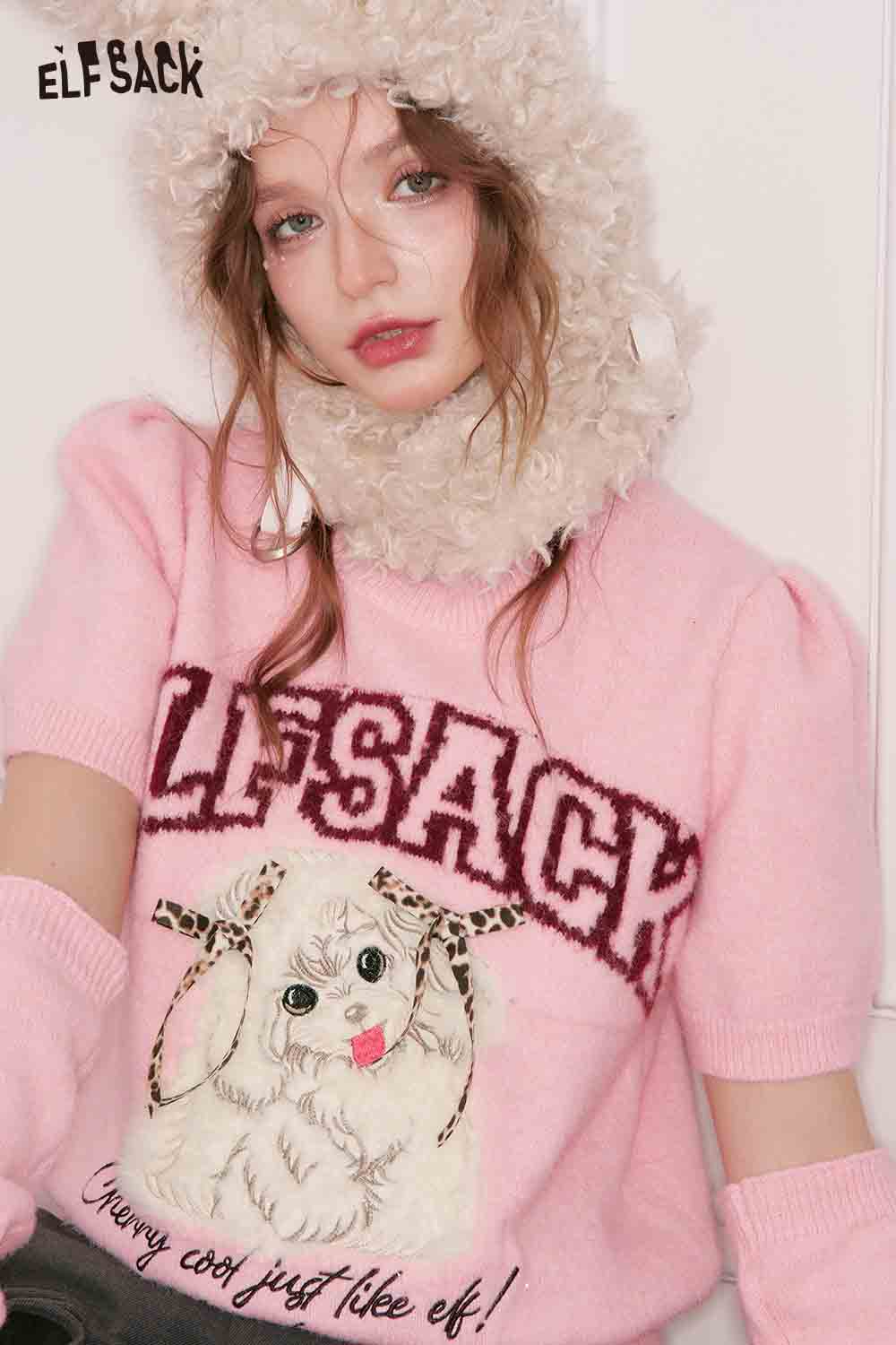 ELFSACK animal graphic embroidered sweater in pink with cute puppy design and puff sleeves