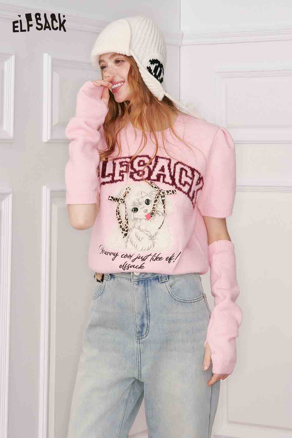 ELFSACK animal graphic embroidered sweater in pink with cute designs and puff sleeves