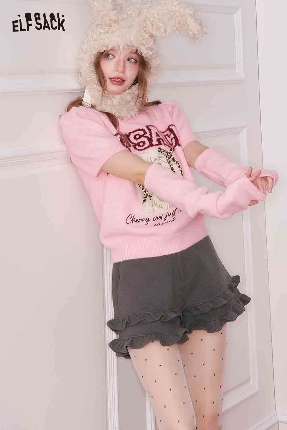 ELFSACK animal graphic embroidered sweater in pink with playful design for cozy casual wear