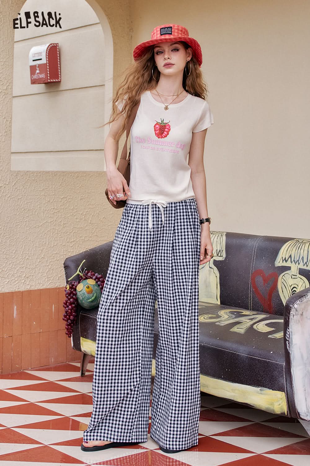 ELFSACK Blue Checkered Wide Leg Straight Leg Casual Pants