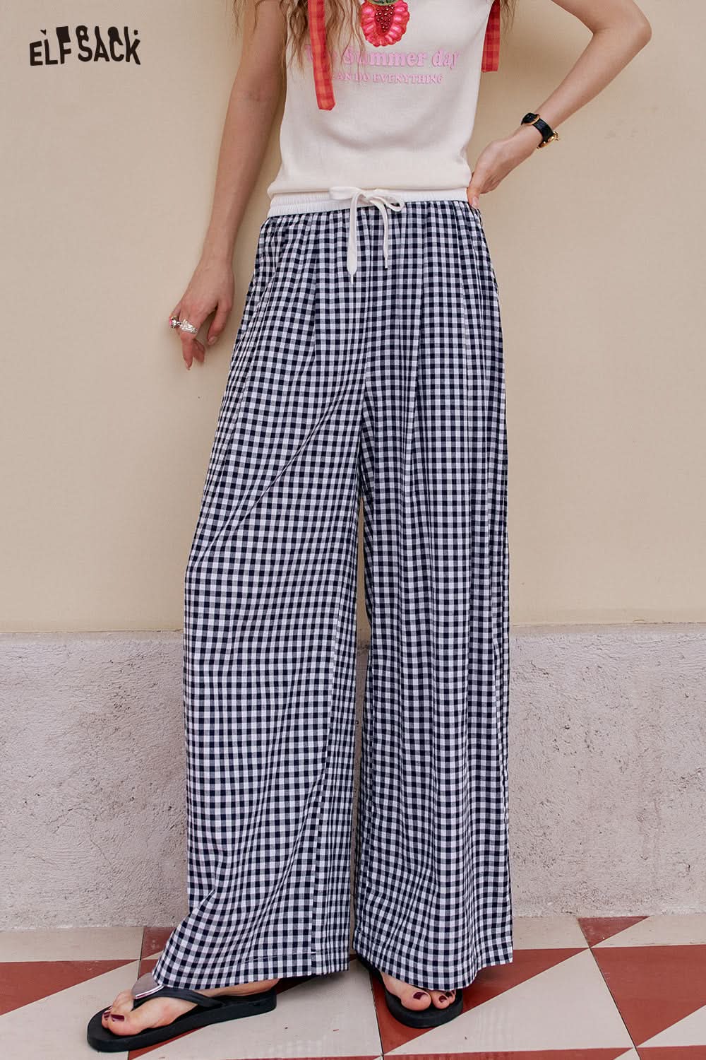 ELFSACK Blue Checkered Wide Leg Straight Leg Casual Pants