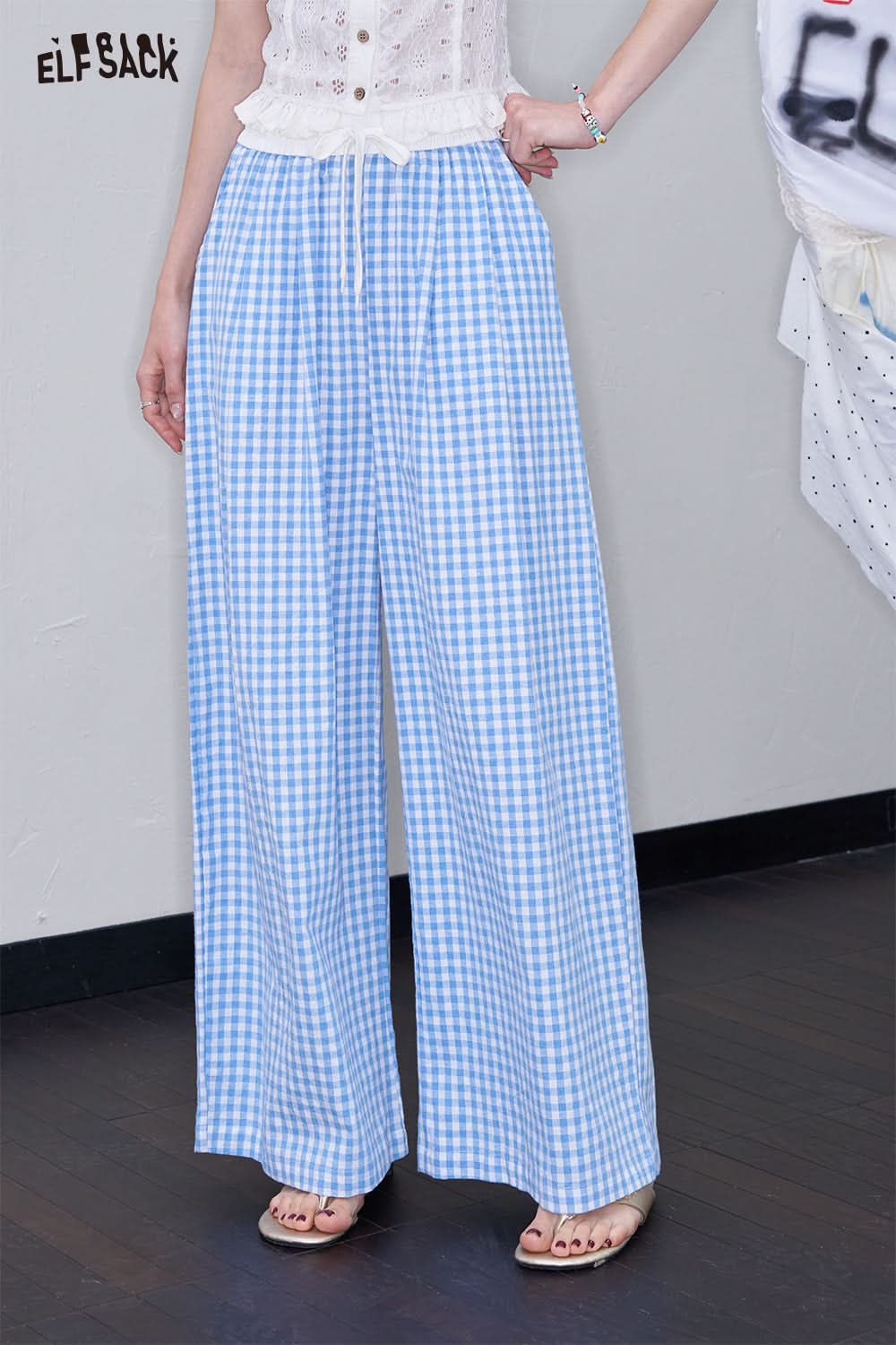 ELFSACK Blue Checkered Wide Leg Straight Leg Casual Pants