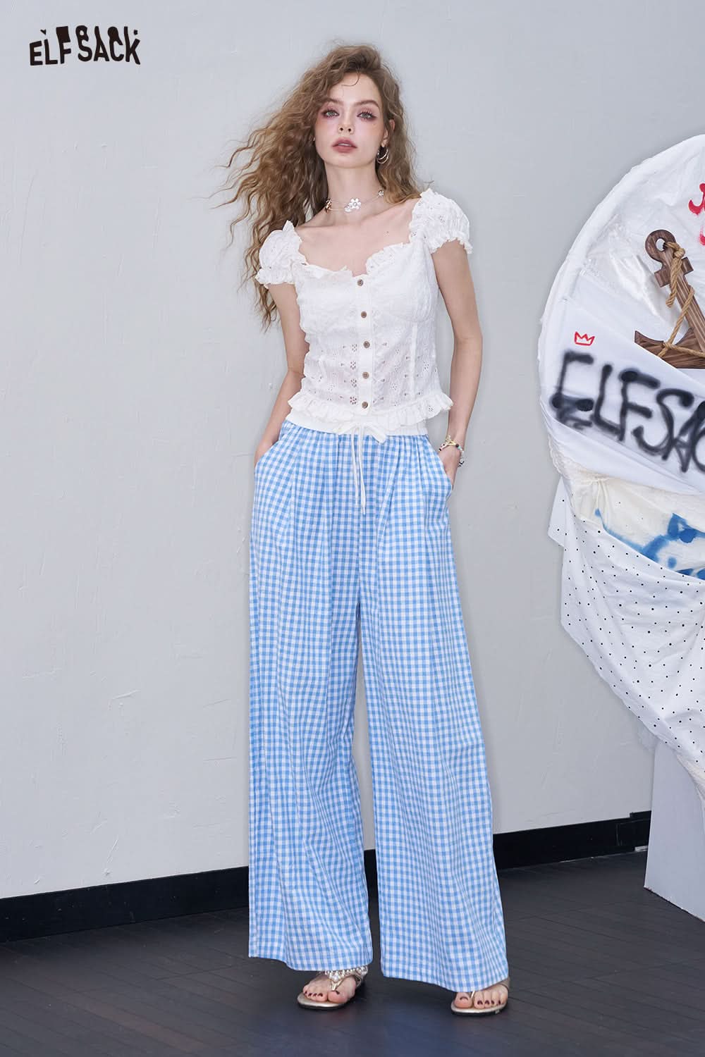 ELFSACK Blue Checkered Wide Leg Straight Leg Casual Pants