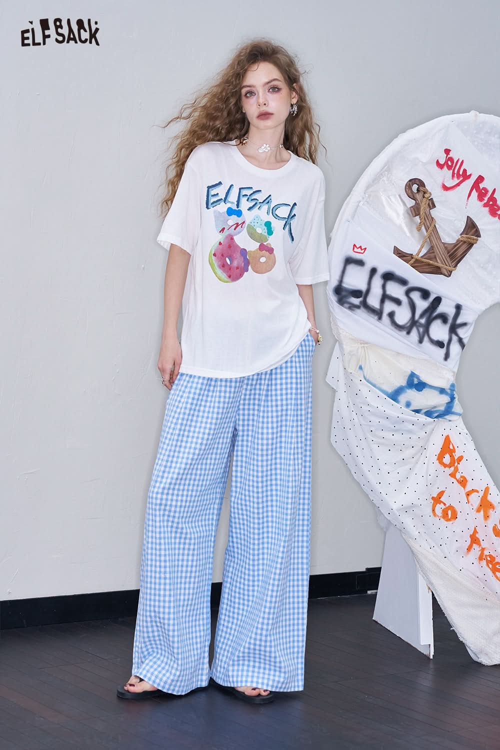 ELFSACK Blue Checkered Wide Leg Straight Leg Casual Pants