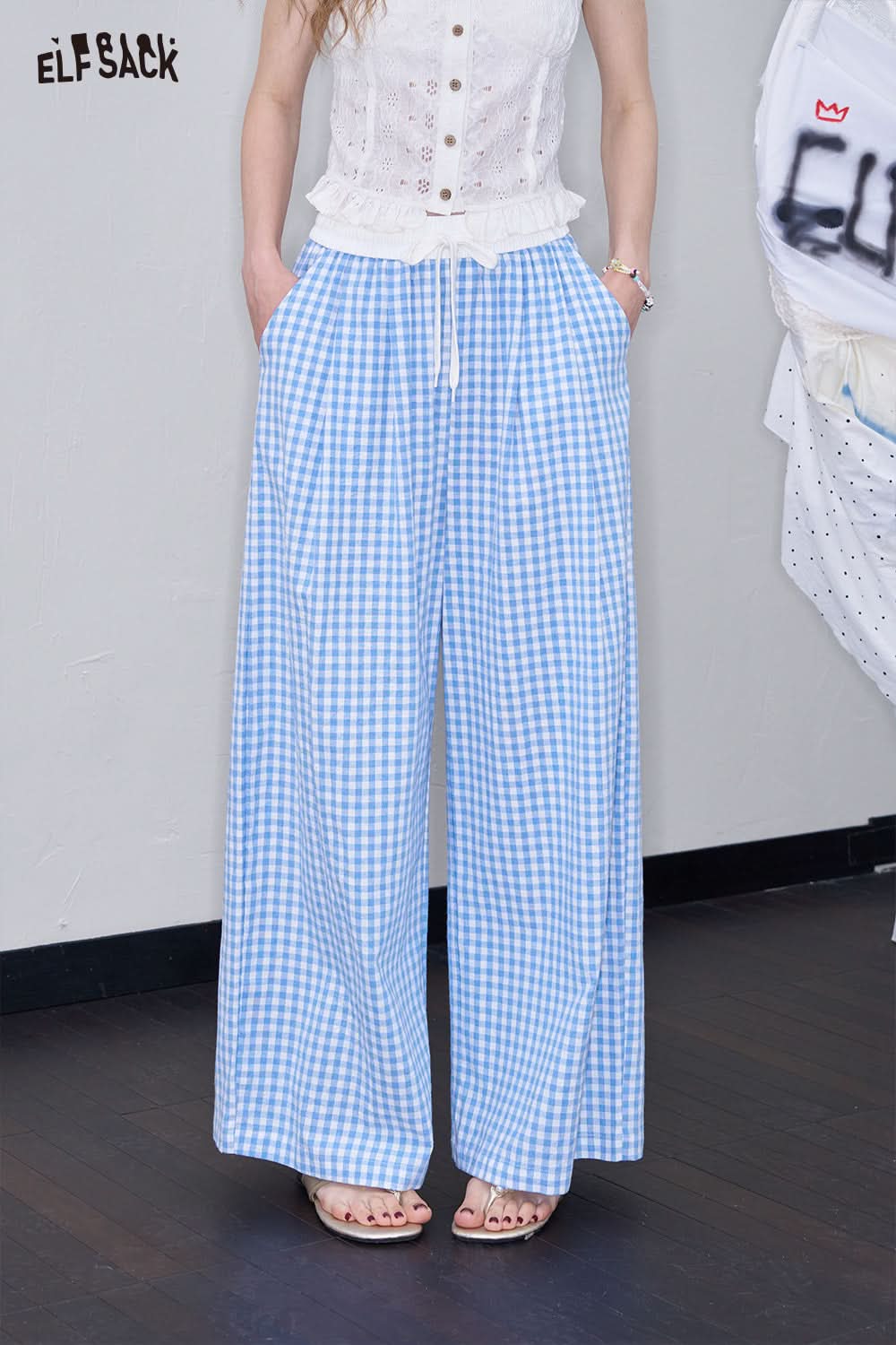 ELFSACK Blue Checkered Wide Leg Straight Leg Casual Pants