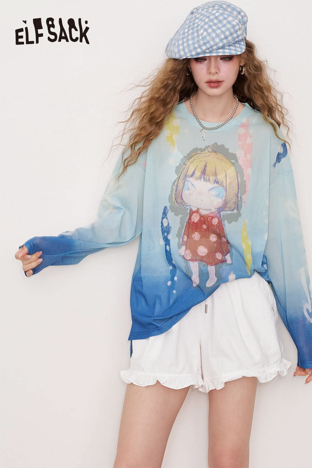 ELFSACK Blue Gradient Bright Silk Printing Long-Sleeved T-Shirt