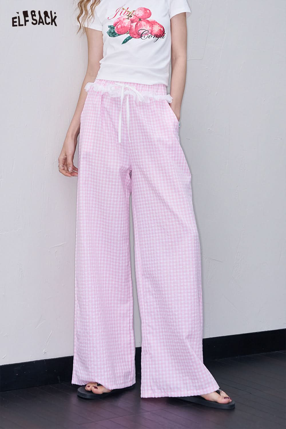 ELFSACK Blue Lace Patchwork Wide Leg Pants Casual Lace Up Straight Pants