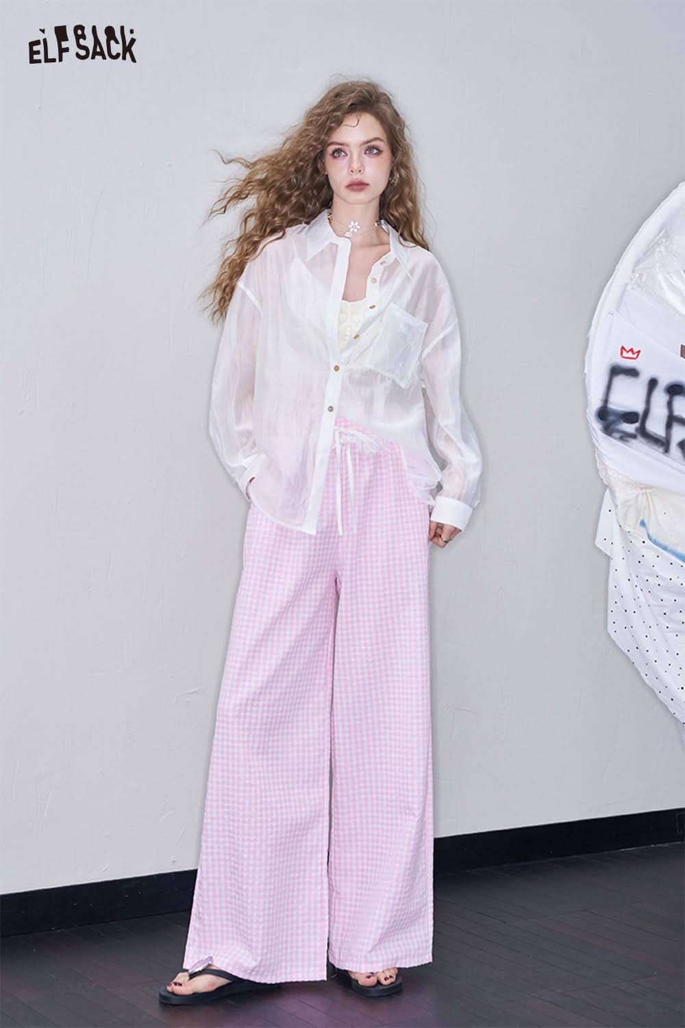 ELFSACK Blue Lace Patchwork Wide Leg Pants Casual Lace Up Straight Pants