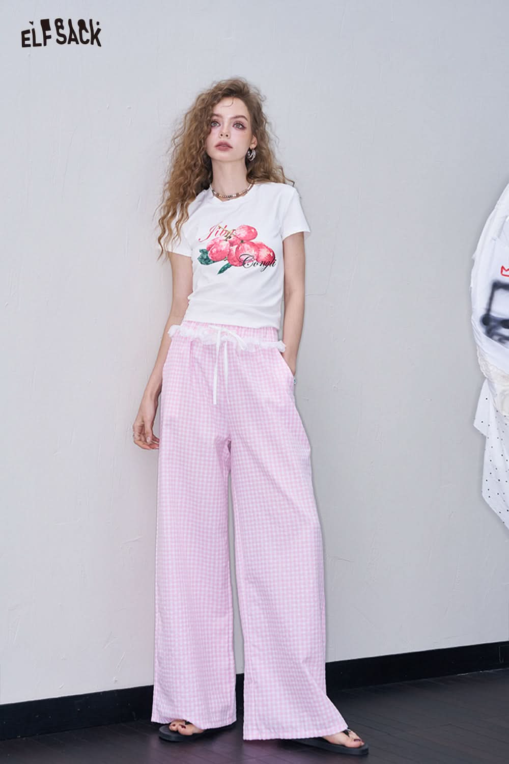 ELFSACK Blue Lace Patchwork Wide Leg Pants Casual Lace Up Straight Pants