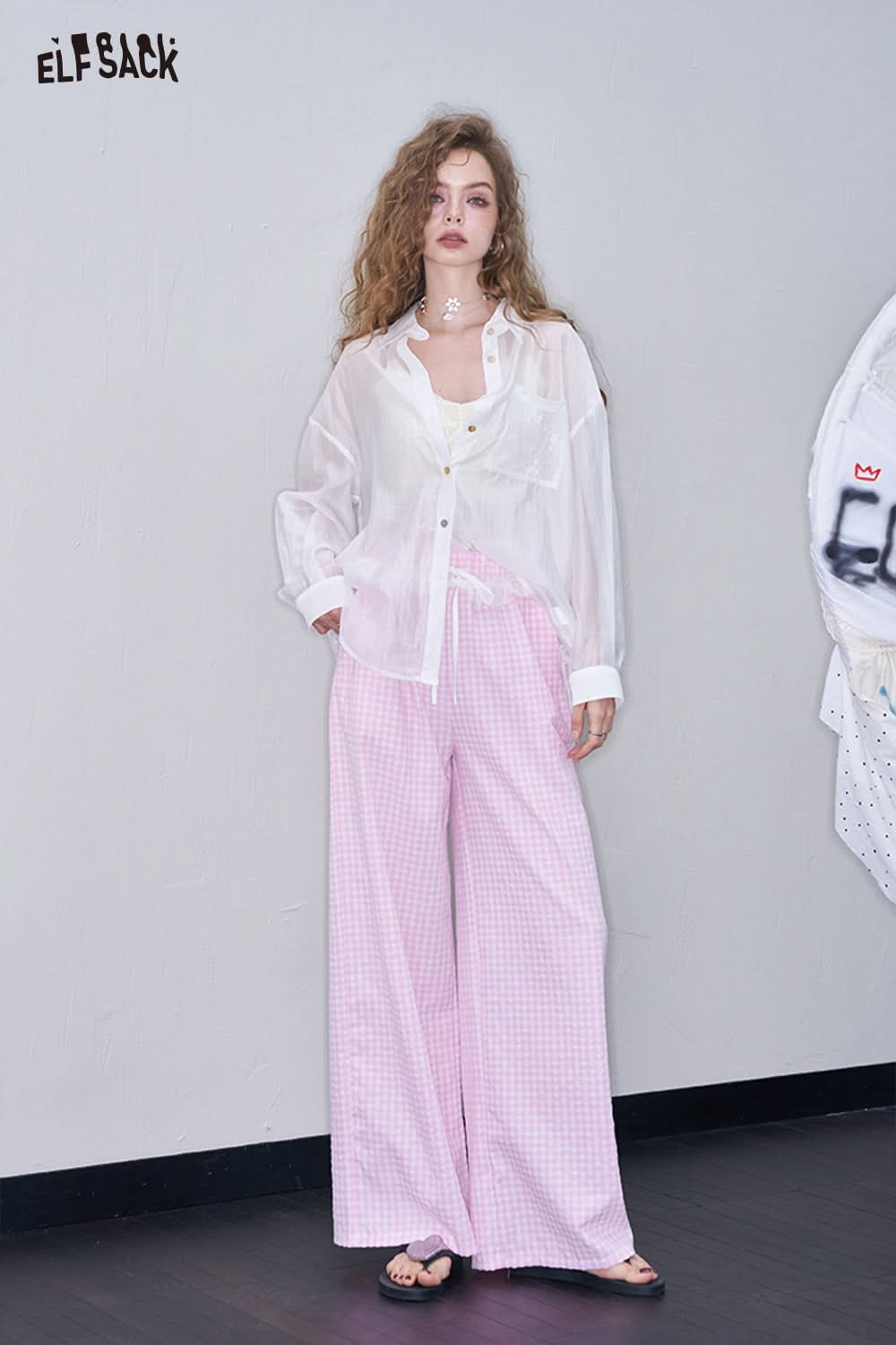 ELFSACK Blue Lace Patchwork Wide Leg Pants Casual Lace Up Straight Pants