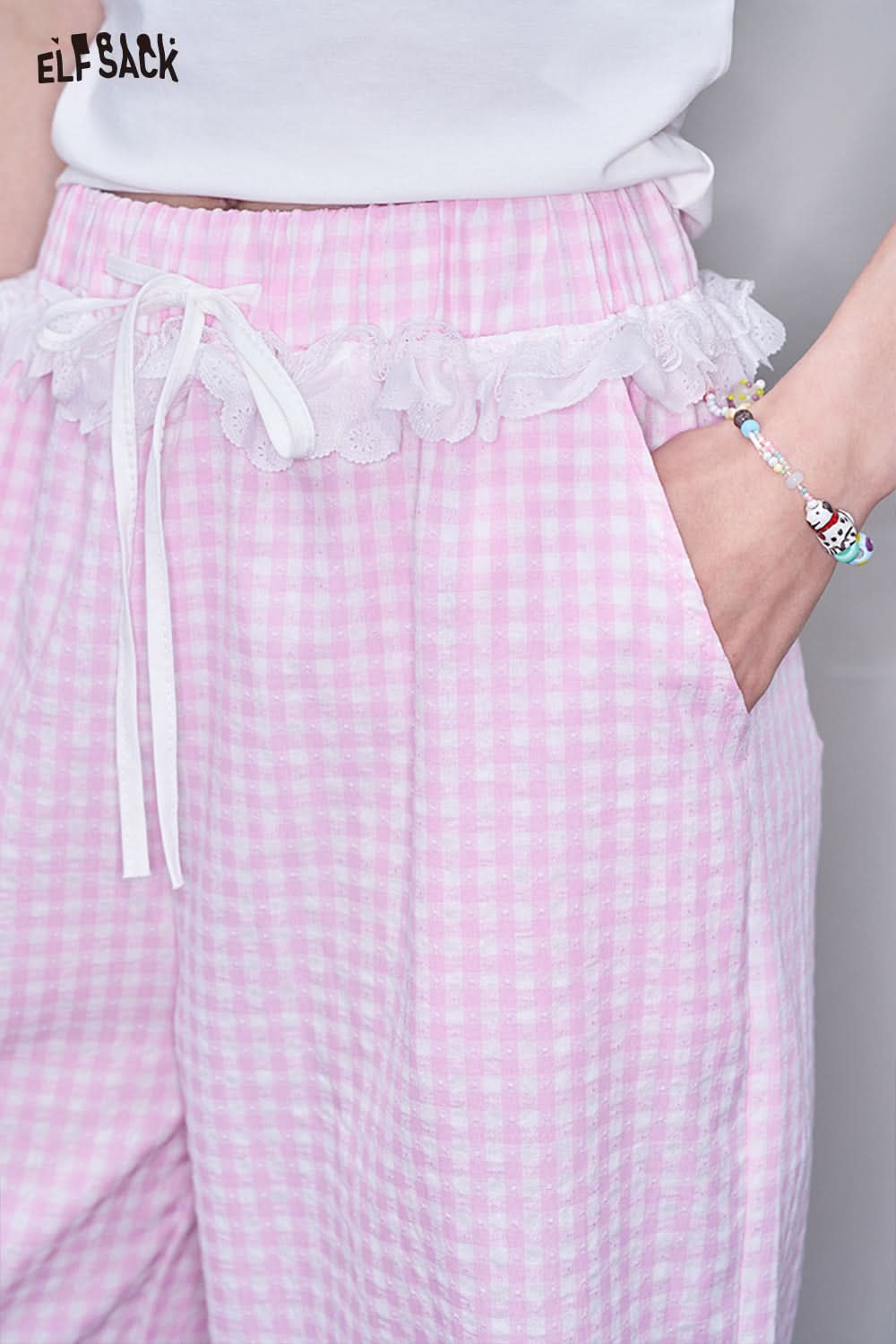 ELFSACK Blue Lace Patchwork Wide Leg Pants Casual Lace Up Straight Pants