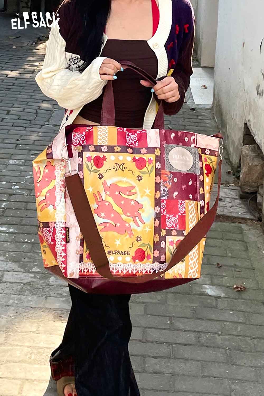 ELFSACK bohemian rabbit print shoulder bag in vibrant colors, perfect for everyday use and stylish outings