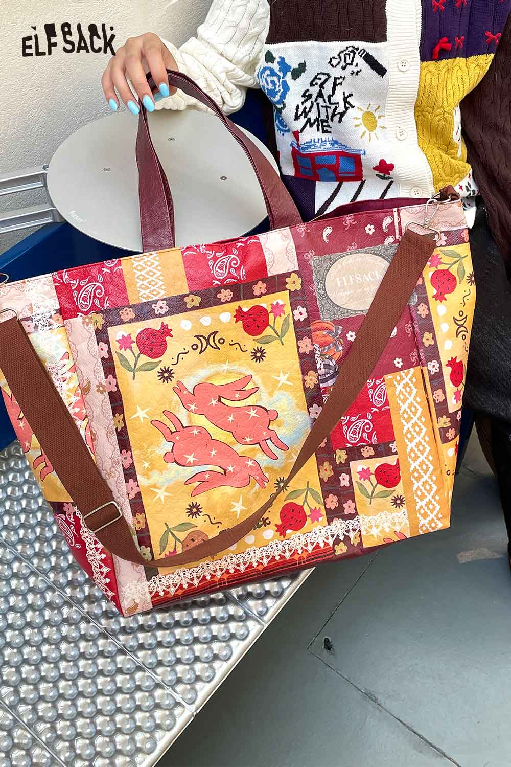 ELFSACK bohemian rabbit print shoulder bag in colorful patterns with spacious design and durable handles