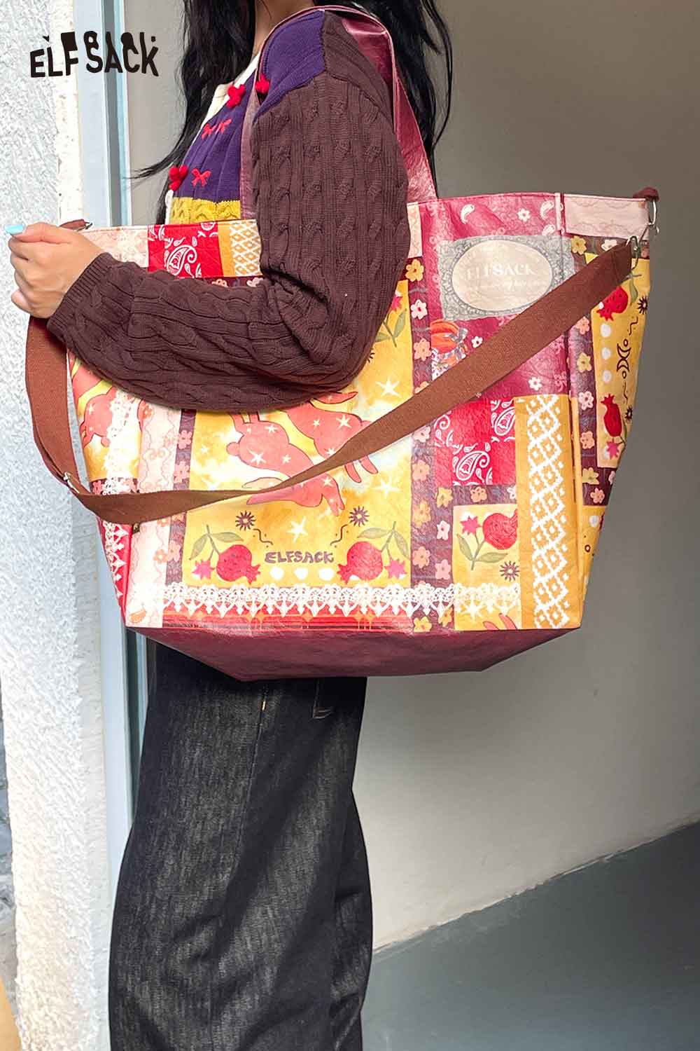 ELFSACK bohemian rabbit print shoulder bag with vibrant colors and spacious design for daily use