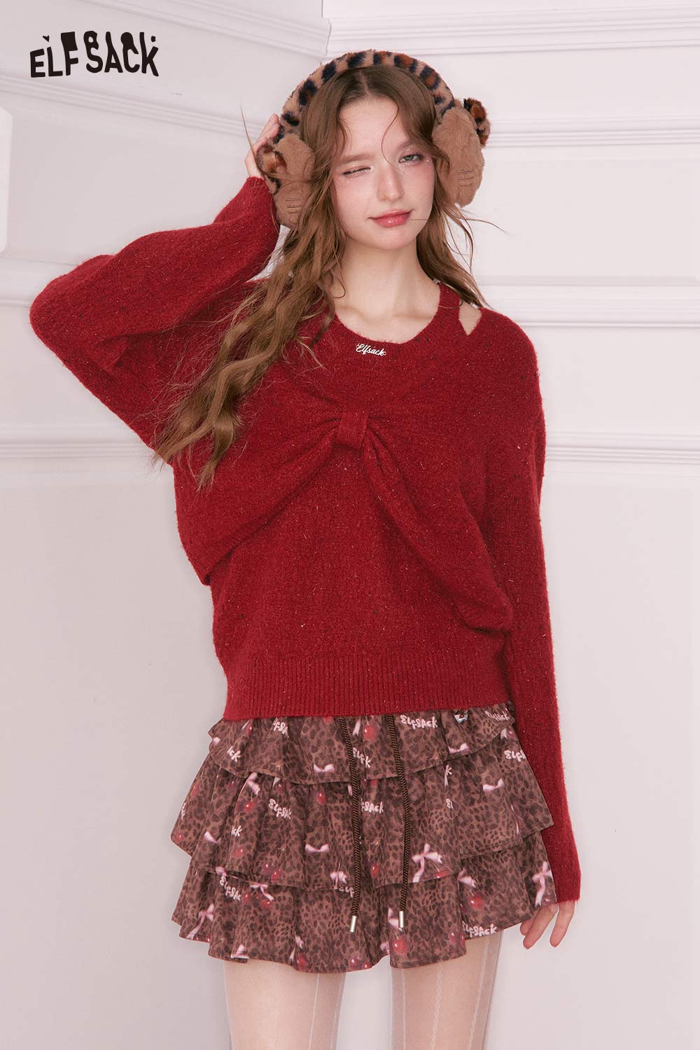 ELFSACK bow embellished cutout sweater in red with a stylish knot detail and trendy design