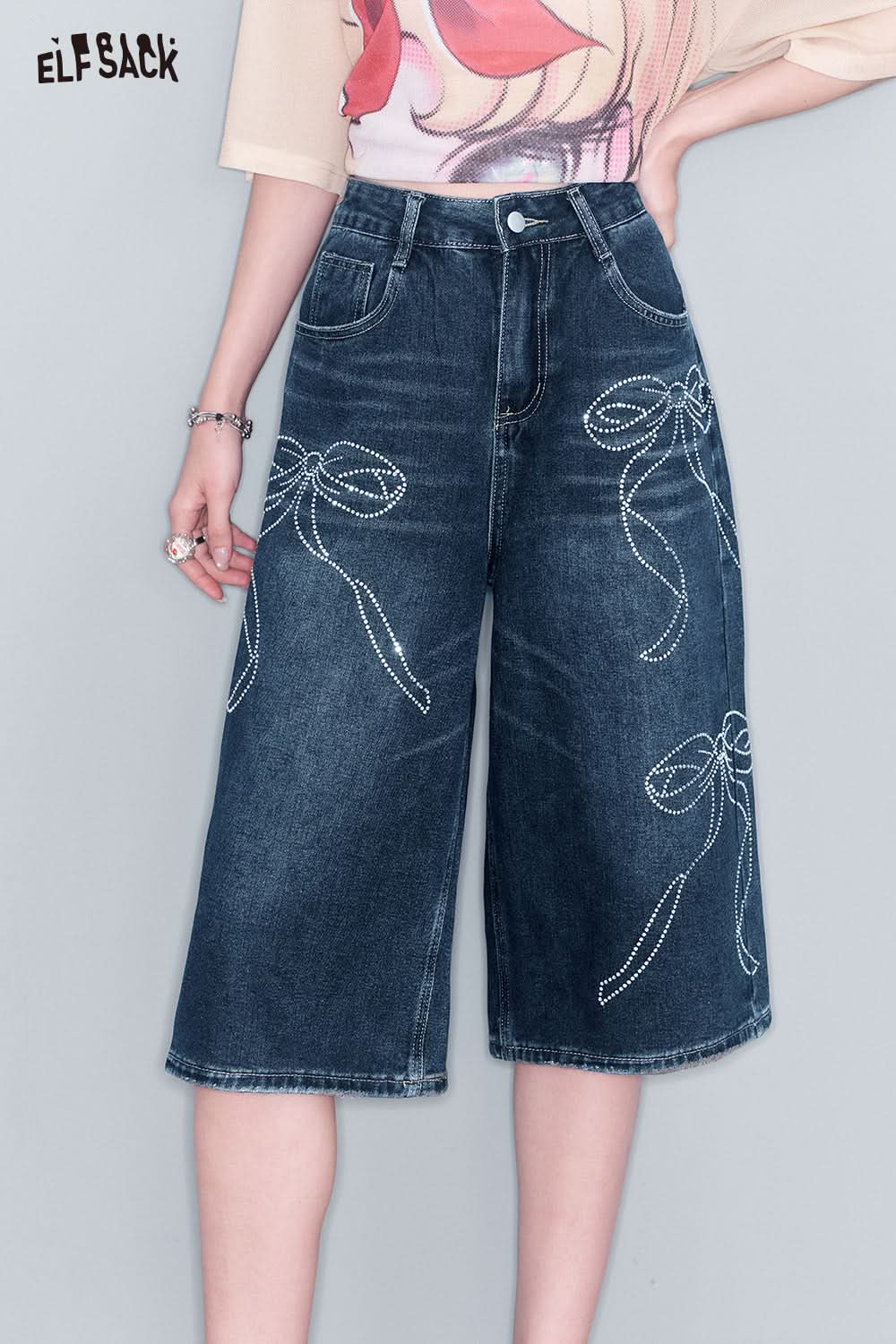 ELFSACK Bow Tie Hot Drill High Waisted Jean