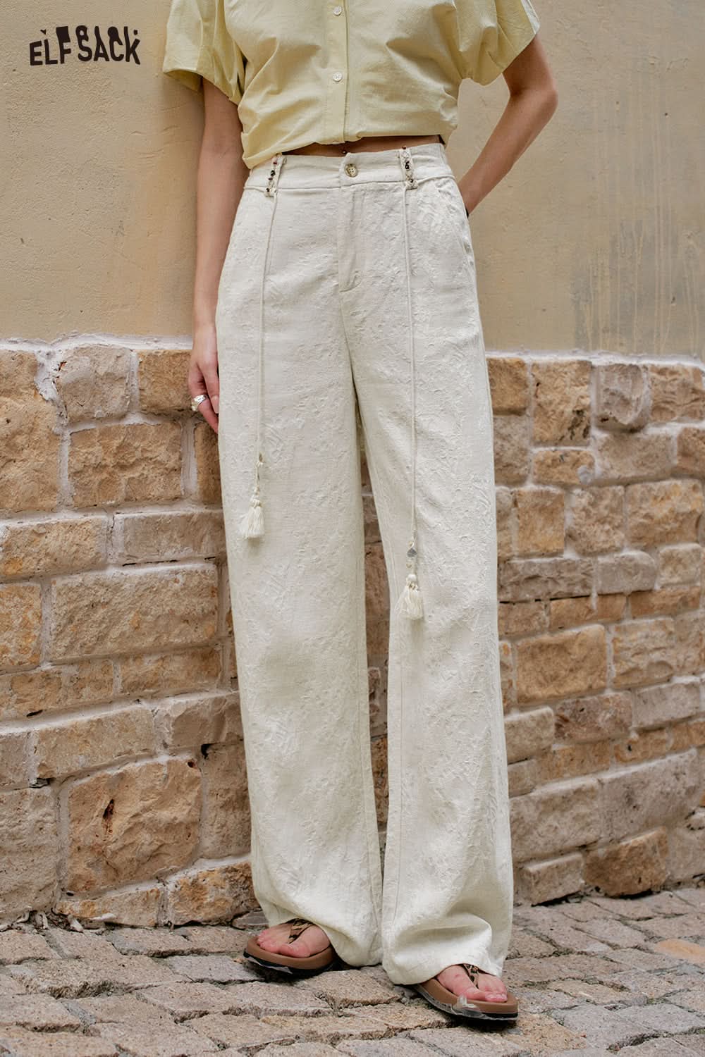 ELFSACK Casual Solid Color Straight Leg Wide Leg Pants