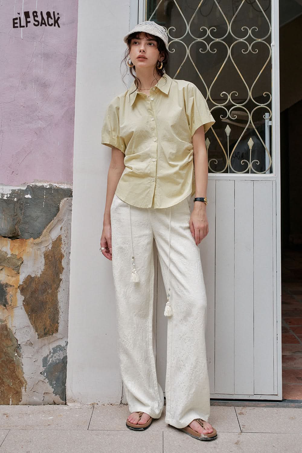 ELFSACK Casual Solid Color Straight Leg Wide Leg Pants