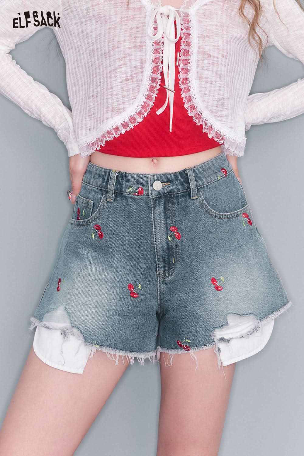 ELFSACK Cherry Embroidered Irregular Raw Hem Jean