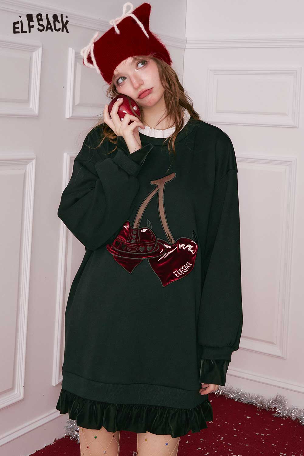 ELFSACK cherry embroidery dress featuring a playful cherry design and a ruffled hem for a stylish look