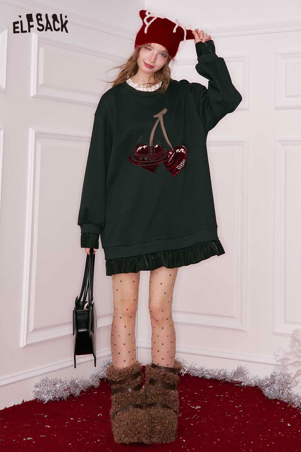 ELFSACK cherry embroidery dress in black with ruffled hem and playful cherry graphic for a trendy look