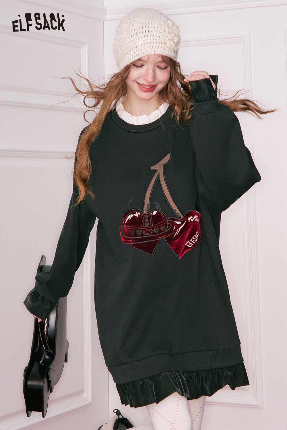 ELFSACK cherry embroidery dress in black with playful cherry design and ruffled hem for a trendy look