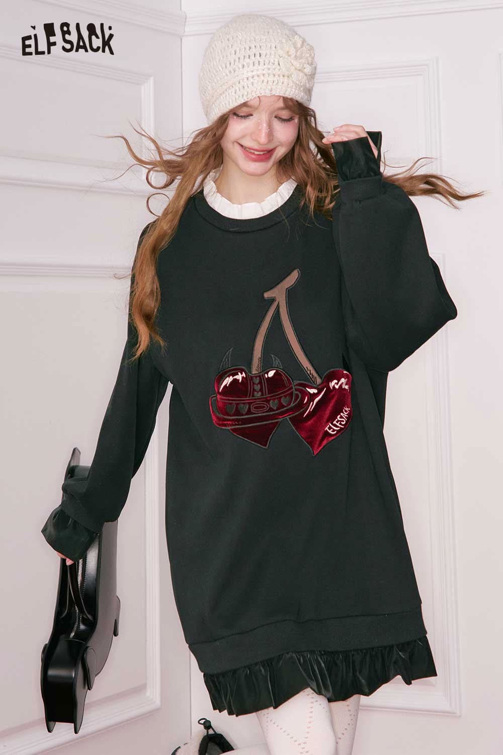ELFSACK cherry embroidery dress in black with playful cherry design and ruffled hem for a trendy look
