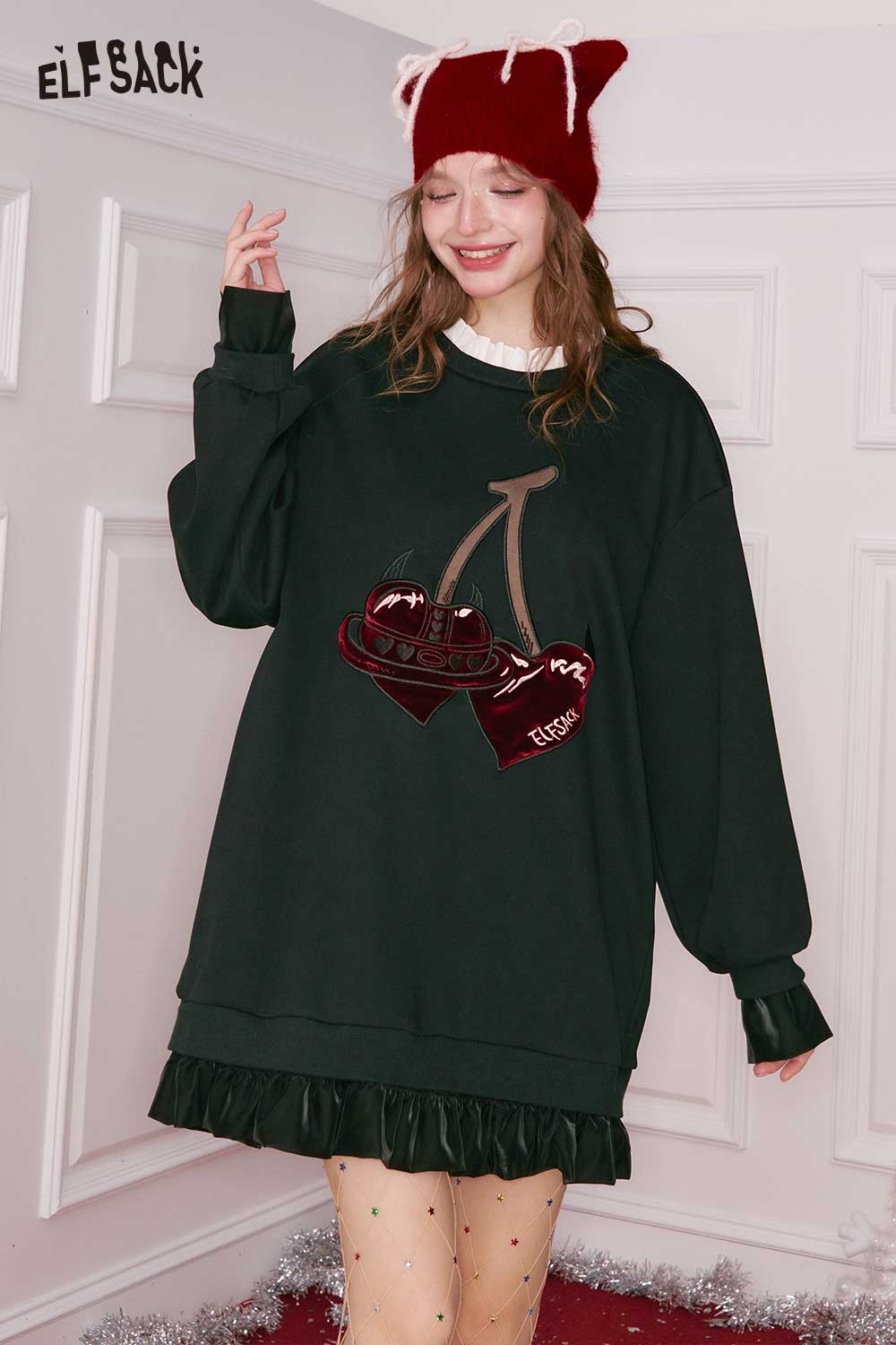 ELFSACK cherry embroidery dress with playful cherry design and ruffled hem for a fun, casual look