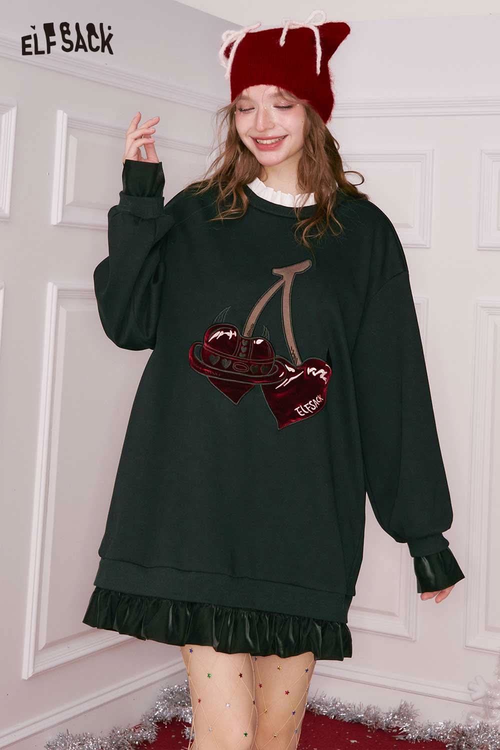 ELFSACK cherry embroidery dress with playful cherry design and ruffled hem for a fun, casual look